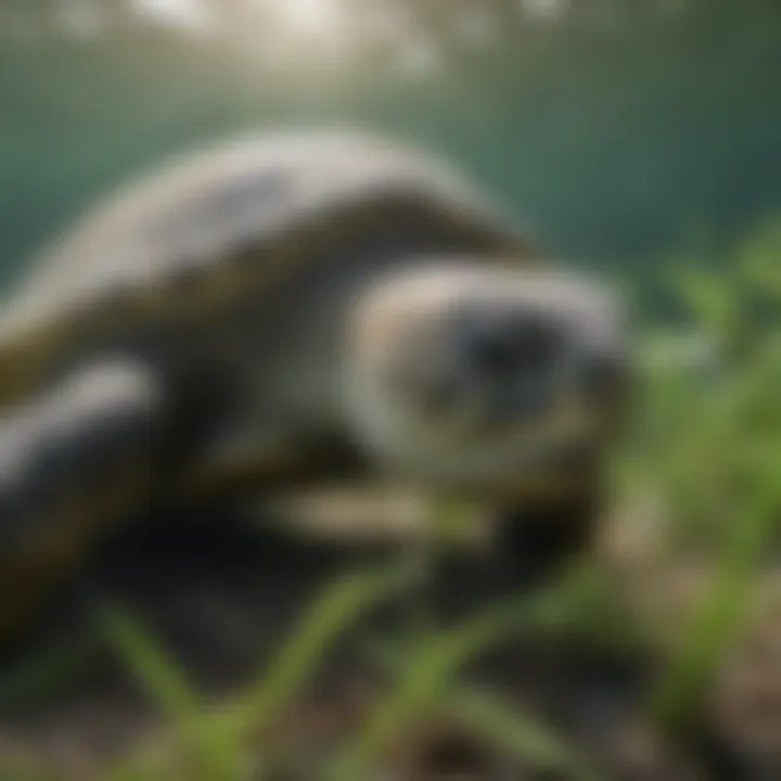 Close-up of Green Sea Turtle grazing on seagrass bed