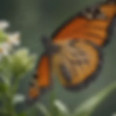 Close-up of monarch butterfly proboscis extracting nectar from milkweed flower