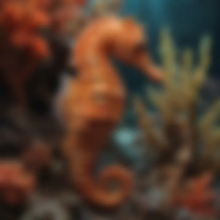 Colorful seahorse camouflaged among vibrant coral reefs