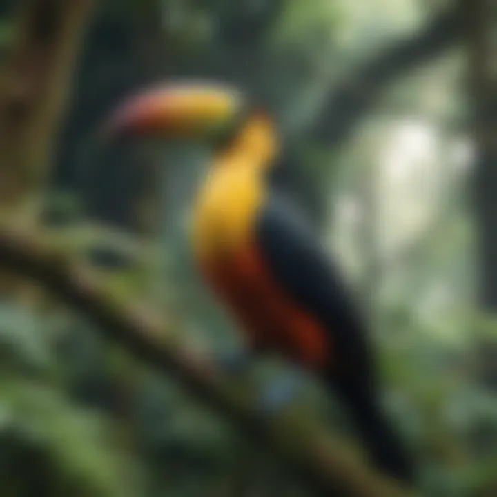 Colorful toucan perched on verdant branch in rainforest