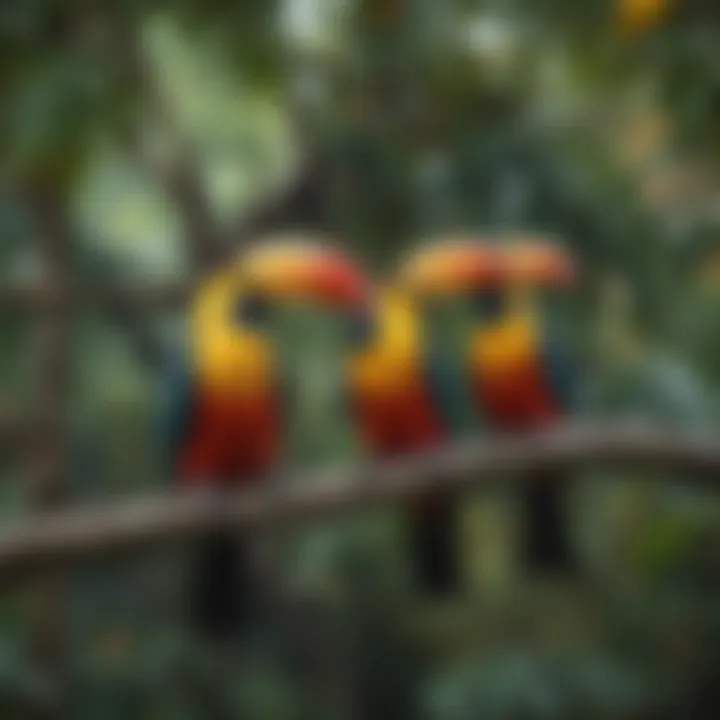 Colorful toucans perched on tree branches in Ghana