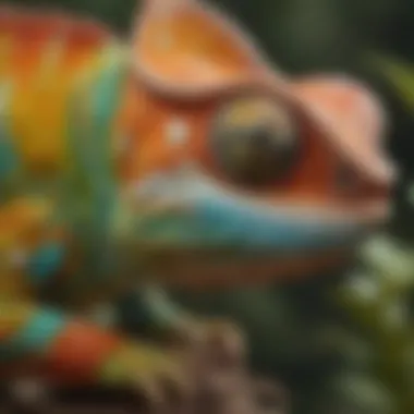 The Art of Camouflage in Nature An intriguing close-up of a colorful chameleon blending into its surroundings