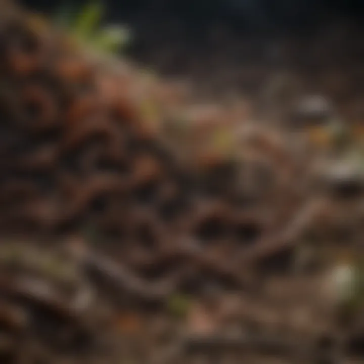 Close-up of rich compost pile with earthworms breaking down organic matter