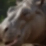 A close-up view of a hippopotamus in its natural habitat, showcasing its massive jaw and unique skin texture.