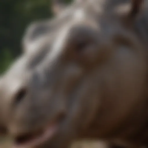 A close-up view of a hippopotamus in its natural habitat, showcasing its massive jaw and unique skin texture.