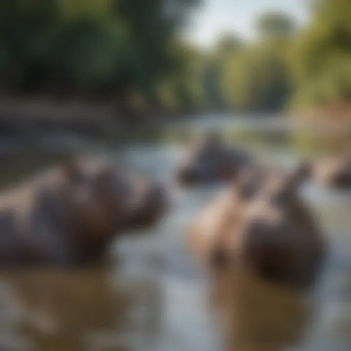 Hippopotamuses Socializing in the River A group of hippopotamuses lounging in a serene river setting, illustrating their social behavior.