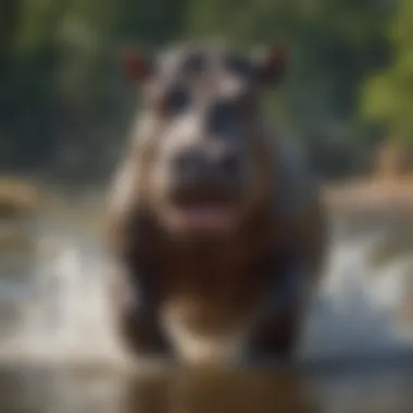 Young Hippopotamus Splashing Playfully A playful young hippopotamus splashing in water, showcasing its playful nature and behavior.