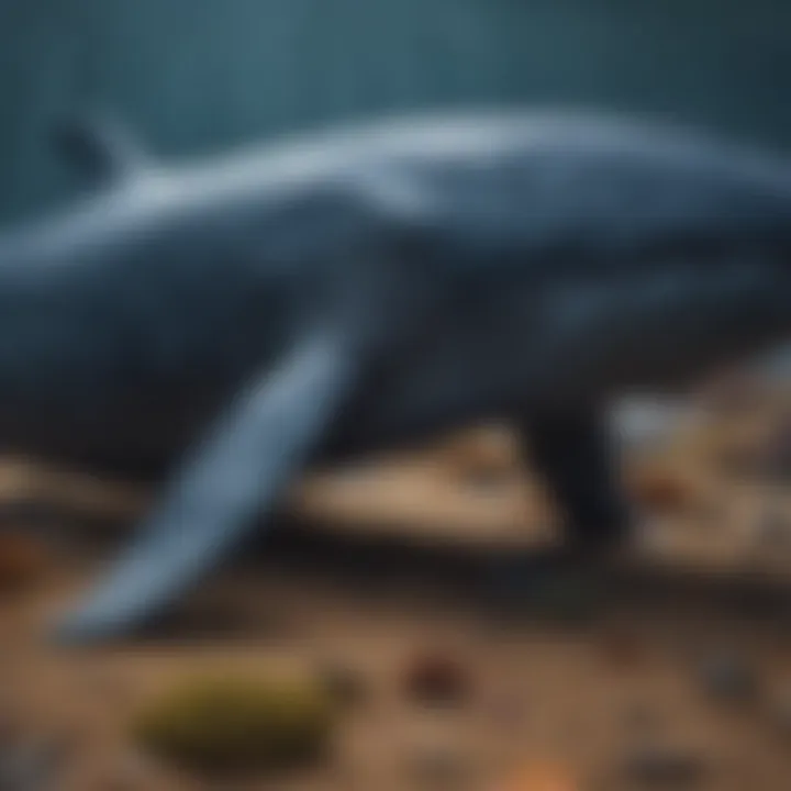 An illustration showing the size comparison between a blue whale and other marine animals
