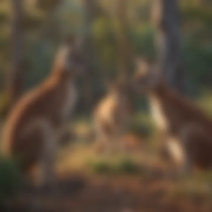 A group of kangaroos grazing in the Australian bush, illustrating their social behavior.