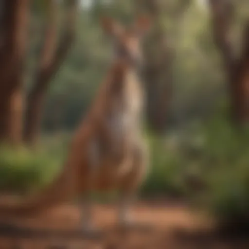 A kangaroo in its natural habitat, showcasing its unique posture and powerful hind legs.