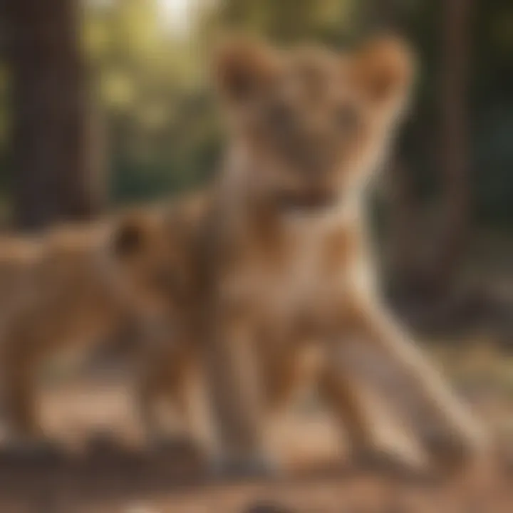Cubs playing under the watchful eye of the mother lion