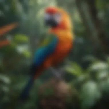 Colorful tropical birds perched among vibrant foliage.