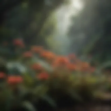 A vibrant display of rainforest flowers attracting pollinators.