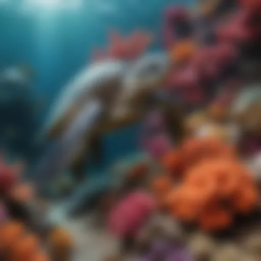 A vibrant underwater scene showcasing various species of sea turtles swimming gracefully among colorful coral reefs.
