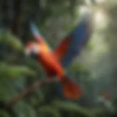 Exotic Scarlet Macaw in flight amid tropical flora