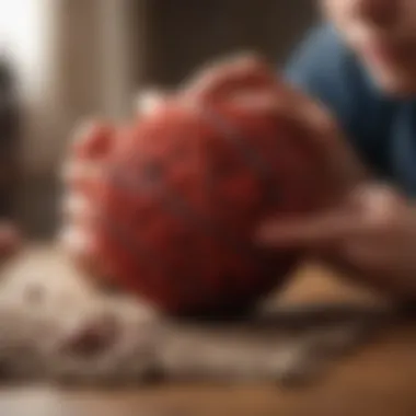Kid embellishing a yarn ball with beads