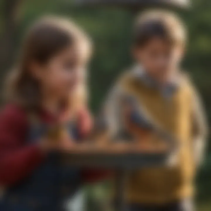 Children observing birds at a feeder