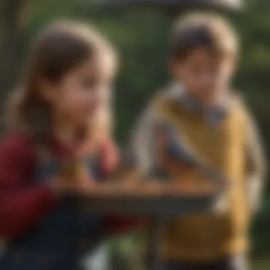 Children Enjoying Bird Watching at Their Feeder Children observing birds at a feeder