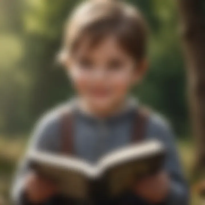 Child reading a completed essay with a smile