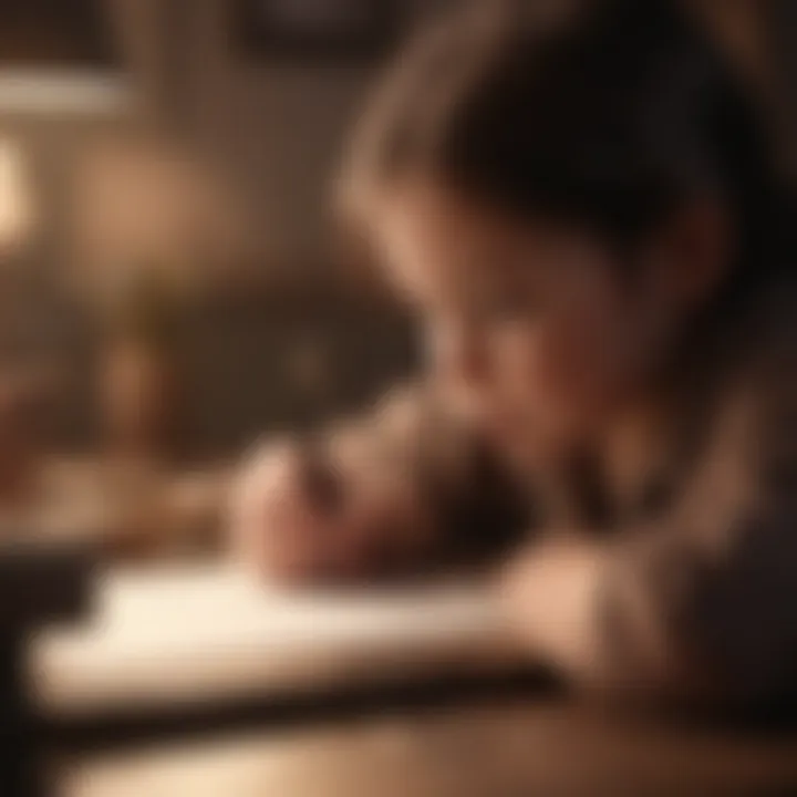 Child writing a draft with a quill pen