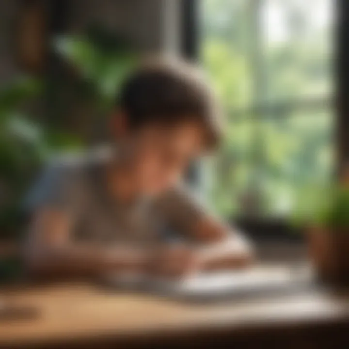 Boy writing an essay on a tablet with nature illustrations in the background