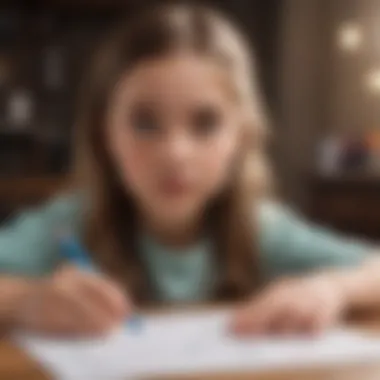 Young girl brainstorming essay ideas with colorful markers and paper