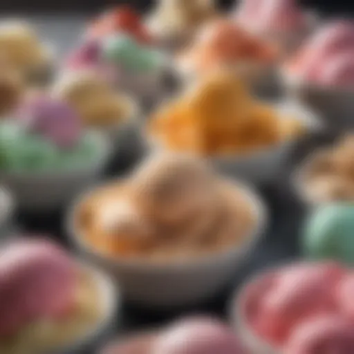 A colorful array of ice cream flavors in bowls