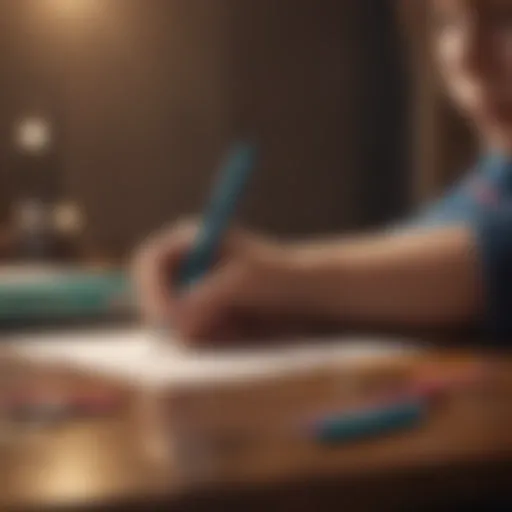 Child writing with colorful pens on a desk