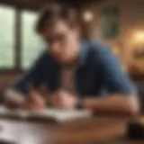 A student contemplating an essay topic with a notebook and pen.