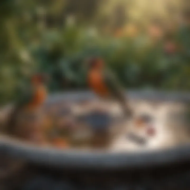 A close-up of birds drinking and bathing in a birdbath, showcasing their colorful feathers.