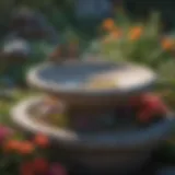 A beautifully crafted birdbath made of natural stone surrounded by vibrant flowers.