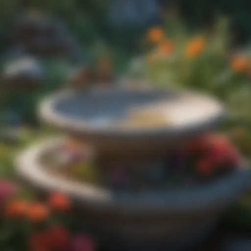 A beautifully crafted birdbath made of natural stone surrounded by vibrant flowers.