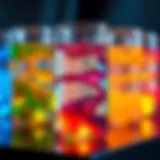 A vibrant display of colorful liquids in a glass container