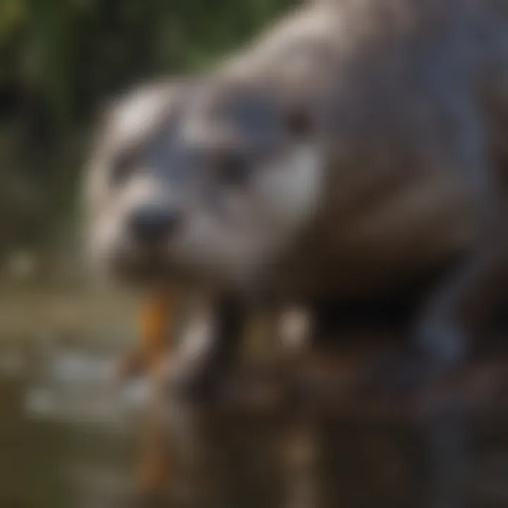 Close-up of a freshwater otter playfully interacting with its surroundings