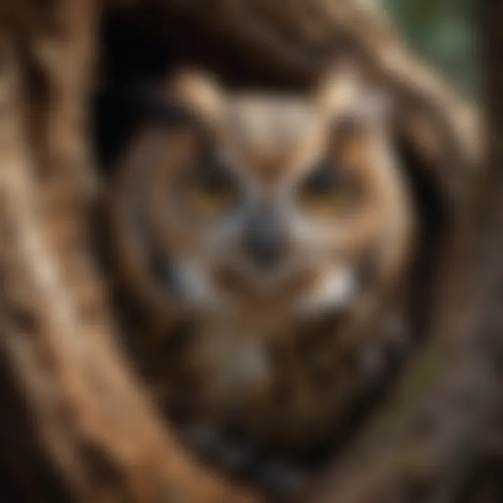 Curious Owl Peering from Tree Hollow