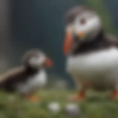 Curious puffin chick exploring its surroundings under watchful eye of parent
