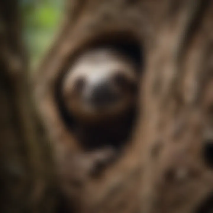 Curious Sloth Peeking Out from Tree Hollow