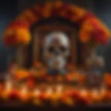 An altar adorned with vibrant marigolds and photographs, symbolizing remembrance.
