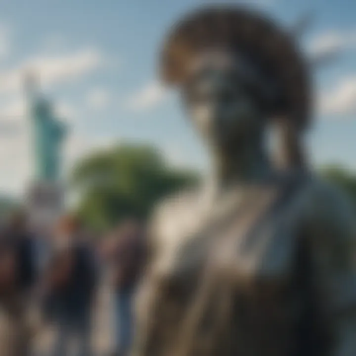 Visitors gathered at the base of the Statue of Liberty, learning about its history