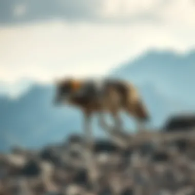 A lone wolf traversing a rocky terrain with mountains in the background