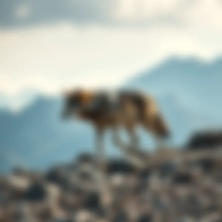 A lone wolf traversing a rocky terrain with mountains in the background
