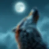 A majestic wolf howling at the moon under a starry sky