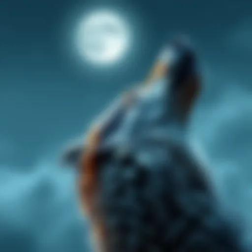 A majestic wolf howling at the moon under a starry sky