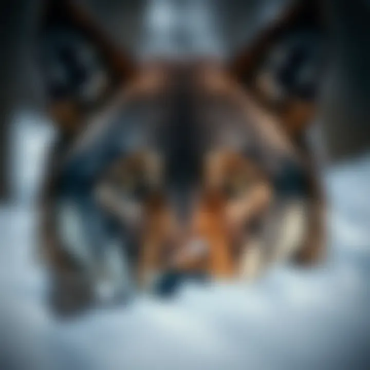 Close-up of a wolf's piercing eyes in a snowy landscape