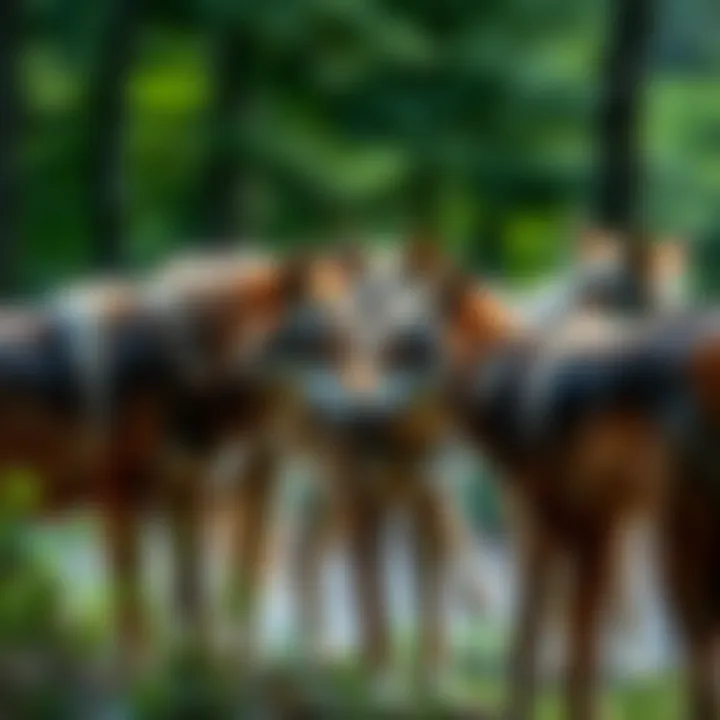 A pack of wolves interacting in a lush forest