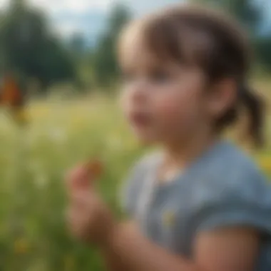 Curiosity and Connection with Wildlife A child joyfully interacting with a butterfly in a meadow, representing curiosity and connection with nature.