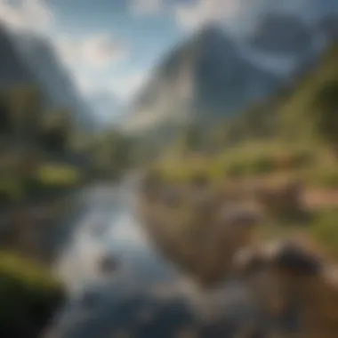 Nature's Reflection of Animal Spirits A serene landscape featuring a river, mountains, and various animals that embody different traits and characteristics.