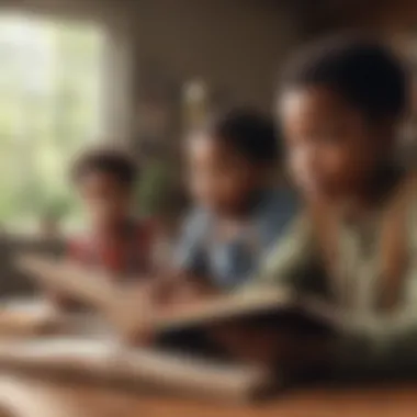 Illustration of a diverse group of children reading books about African American history