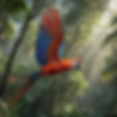 Colorful Scarlet Macaw soaring through the rainforest canopy
