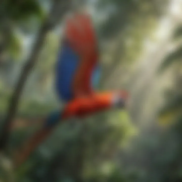 Colorful Scarlet Macaw soaring through the rainforest canopy